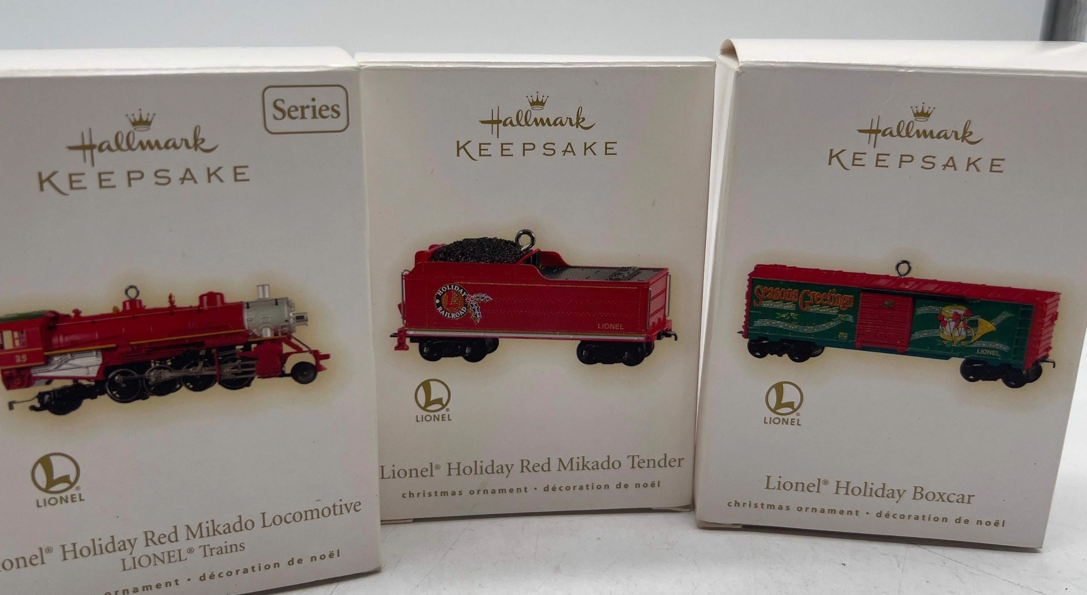 2009 Hallmark Keepsake Ornaments Holiday Red Mikado Lionel Set of 3 Locomotive, Tender, Boxcar Like New