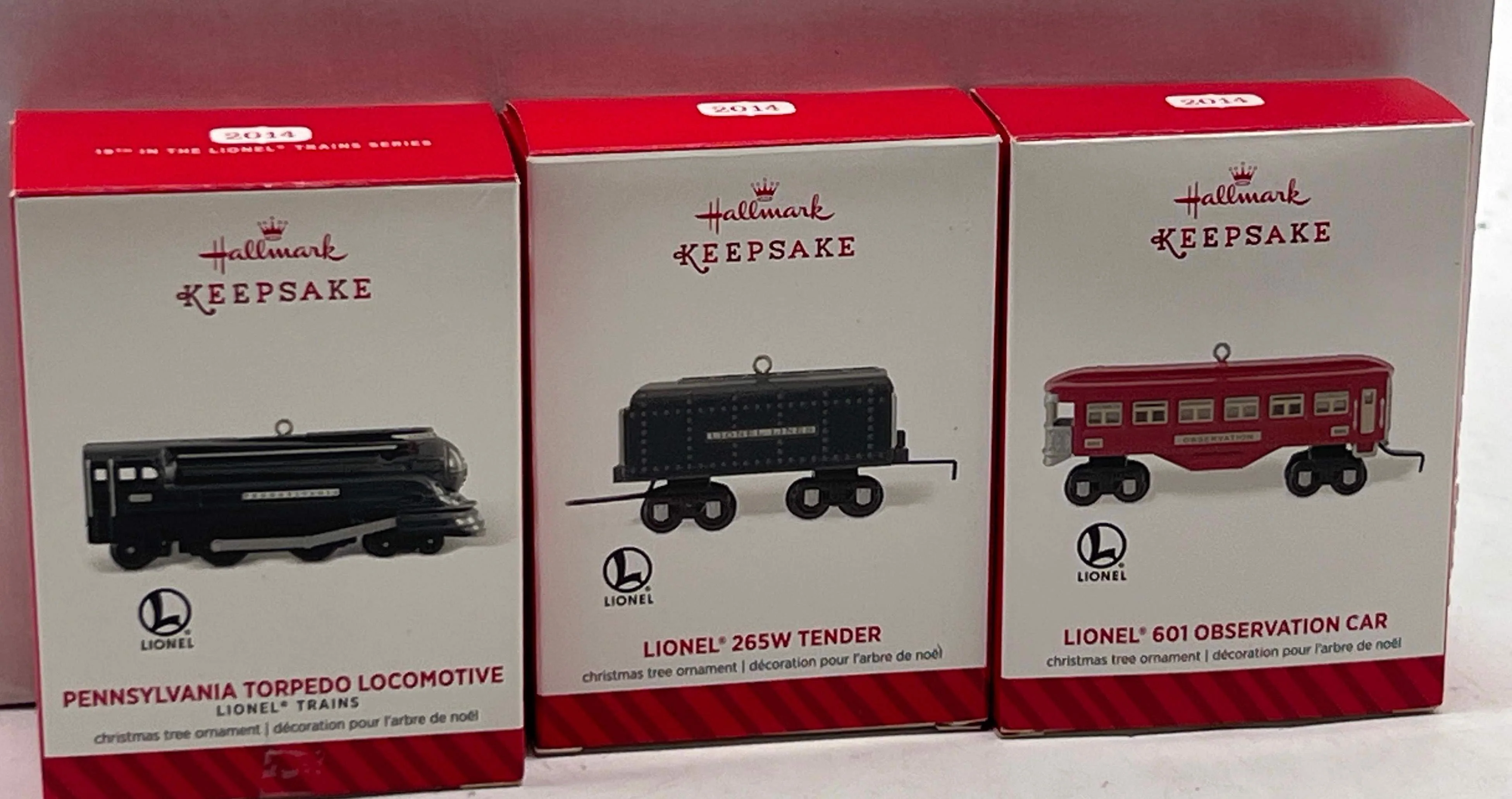 2014 Hallmark Ornament Lionel PENNSYLVANIA PRR TORPEDO Locomotive Tender Observation Car set of 3 Like New