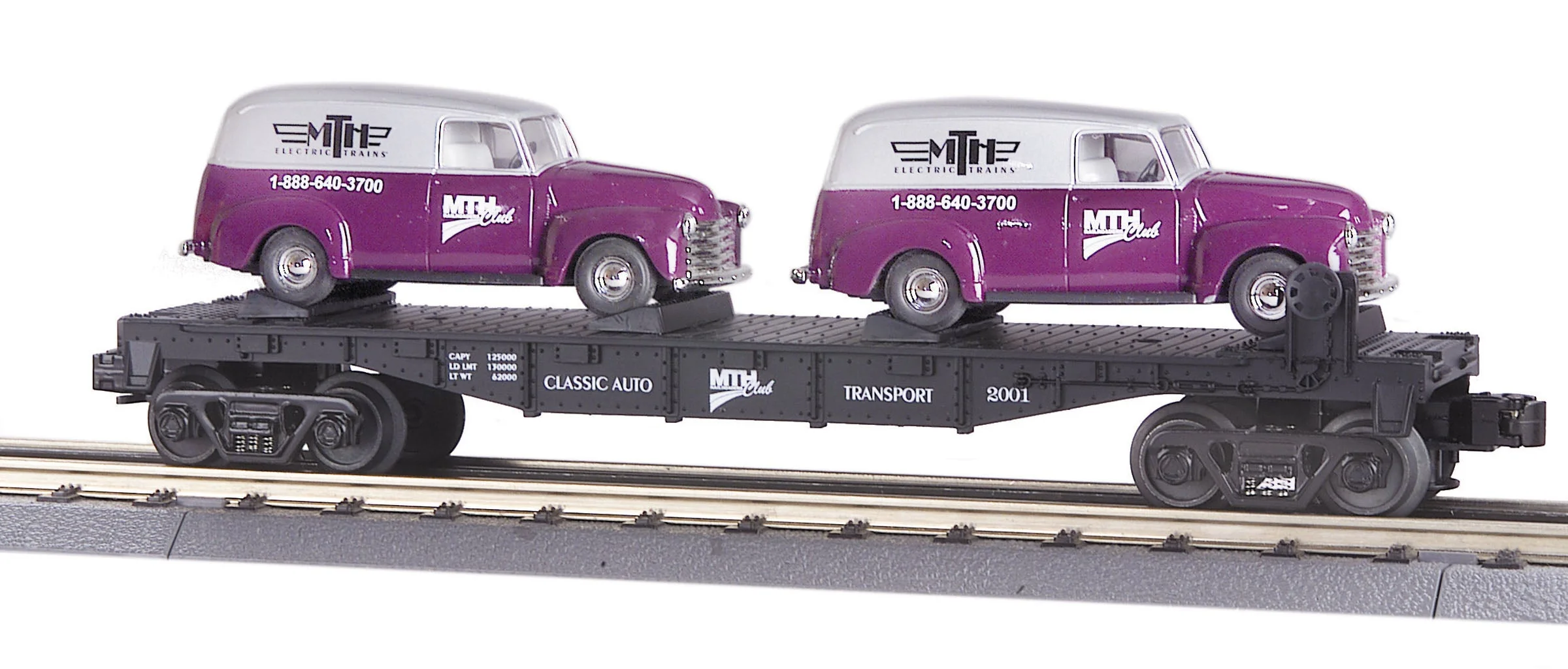 MTH 30-76002 MTHRRC-2001 Flat car with Ertl '51 Panel Vans O Scale USED AS IS - Image 9