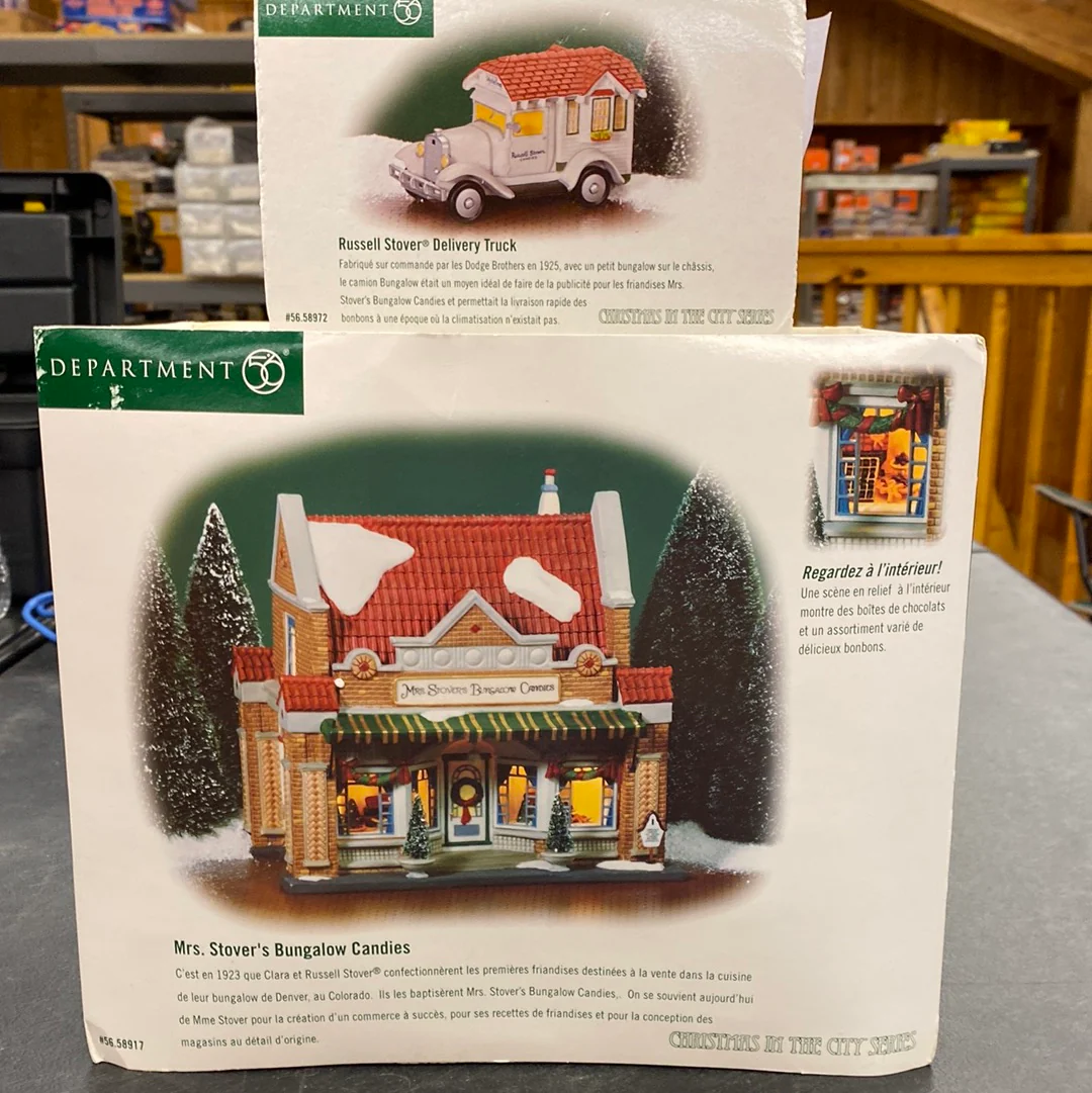 Department 56 Christmas in the City series Russel Stover set 56.58917 Mrs. Stover's Bungalow Candies and 56.58972 Russel Stover Delivery Truck