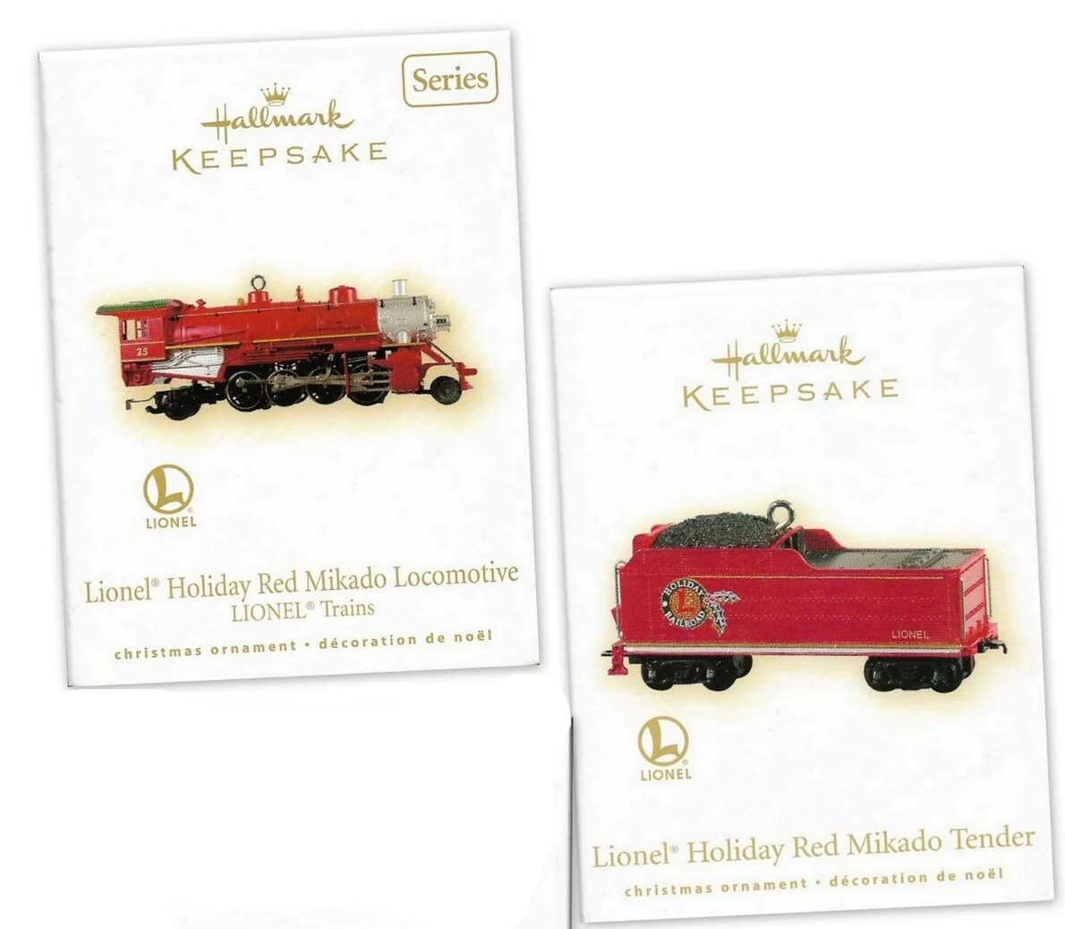 Hallmark Ornament 2009 set of 2: Lionel Holiday Red Mikado Locomotive &  Tender