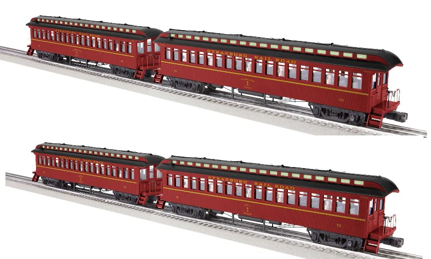 Lionel 2227030 Strasburg RR (1990s) Wood Coach 2-Pack #1, AND 2227040  Pack #2 (Set of 4 cars) O Scale NEW