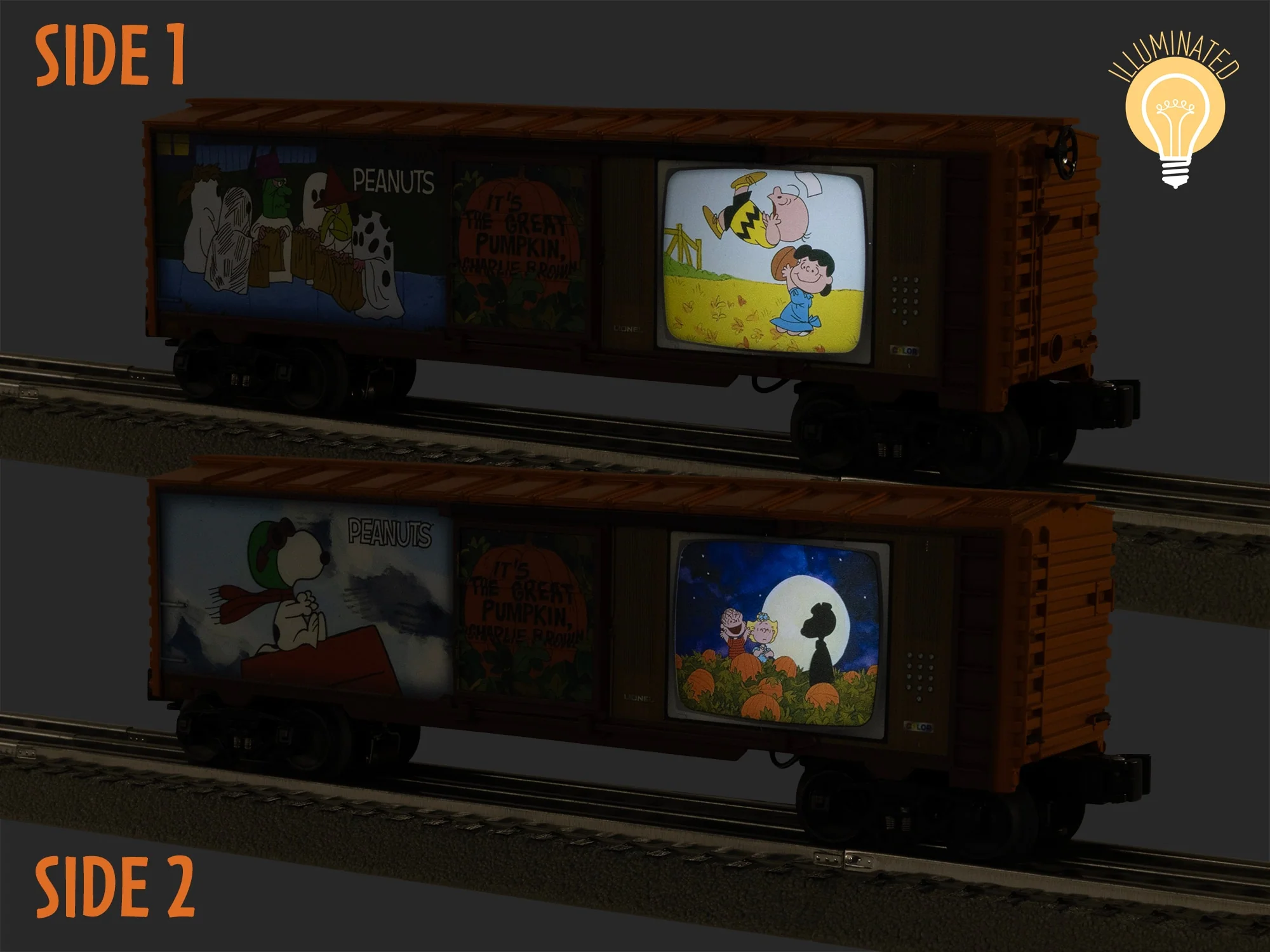 Lionel 2528800 PEANUTS "It's The Great Pumpkin Charlie Brown" Illuminated TV Boxcar Halloween limited O SCALE NEW - Image 7