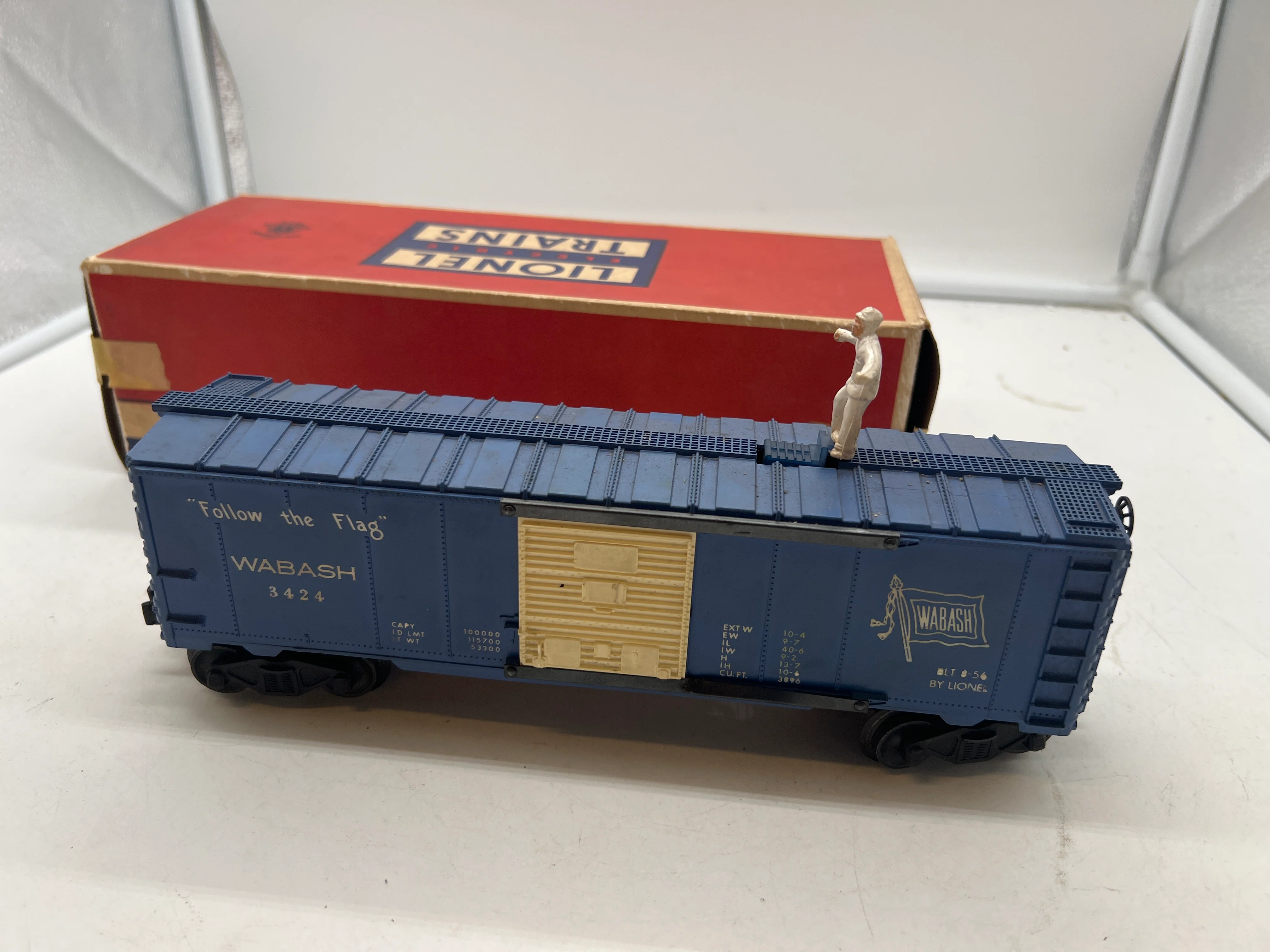 LIONEL POSTWAR 3424 BLUE WABASH BOXCAR OPERATING BRAKEMAN W/ FIGURE O SCALE Used as is Excellent Damaged Box - Image 3