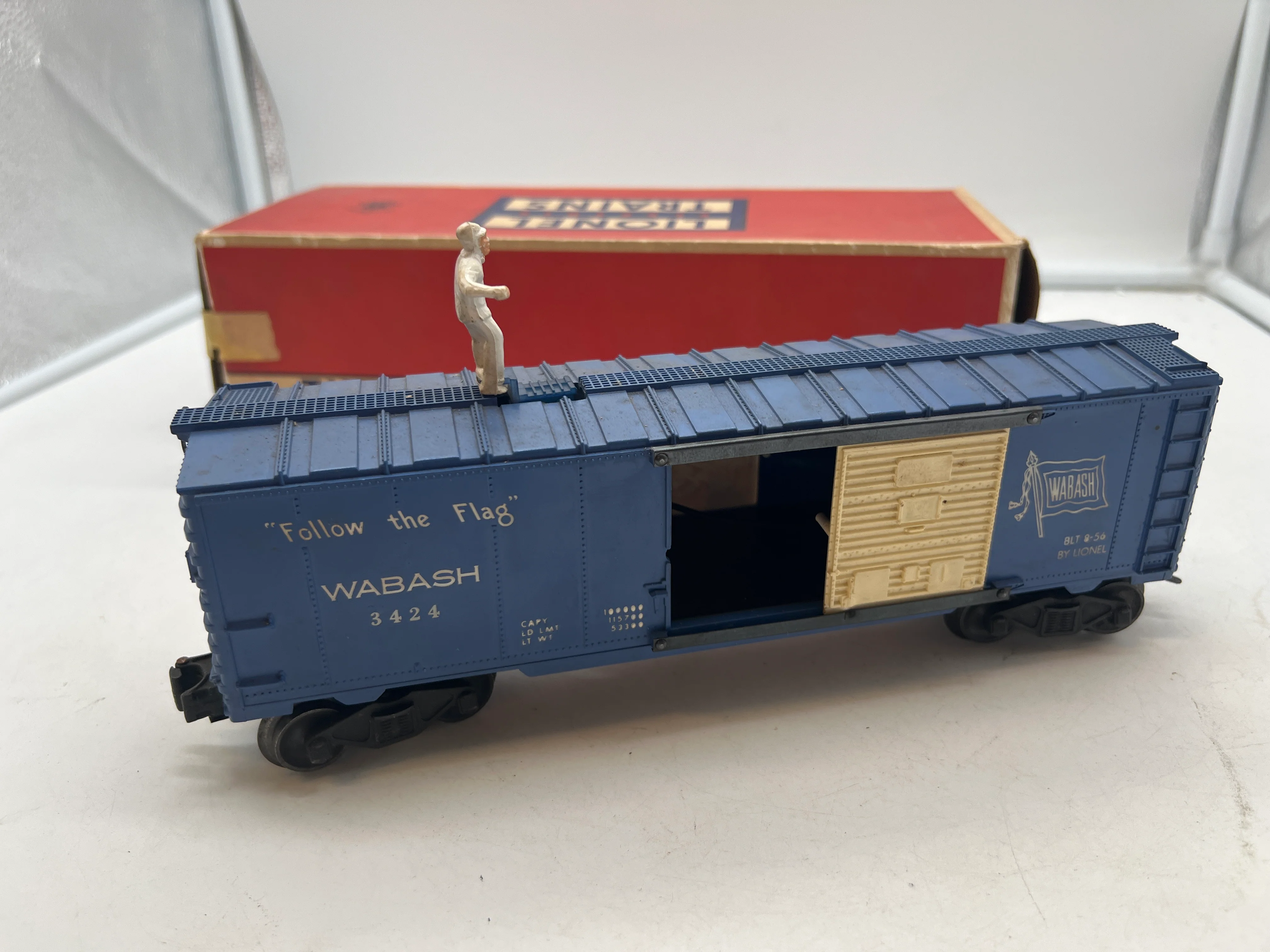 LIONEL POSTWAR 3424 BLUE WABASH BOXCAR OPERATING BRAKEMAN W/ FIGURE O SCALE Used as is Excellent Damaged Box - Image 7
