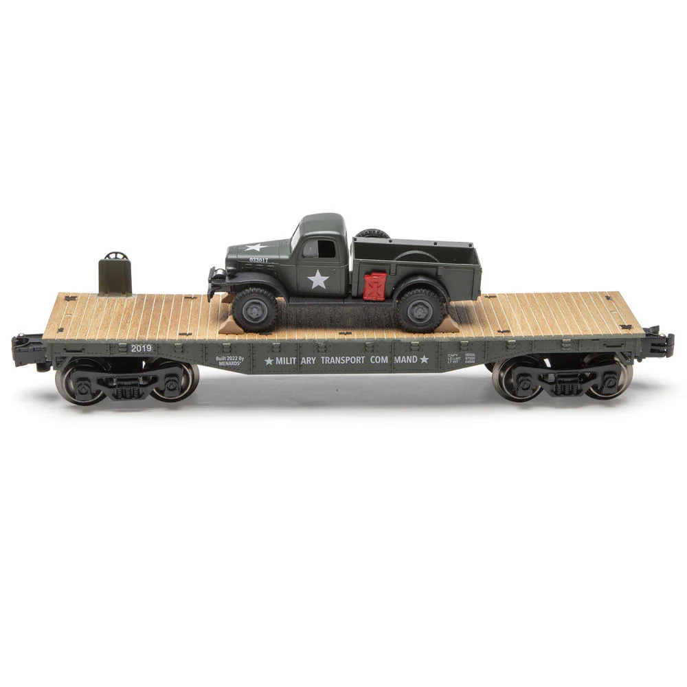 Menards 279-9433 Army Flatcar with 1947 Power Wagon O SCALE NEW - Image 3