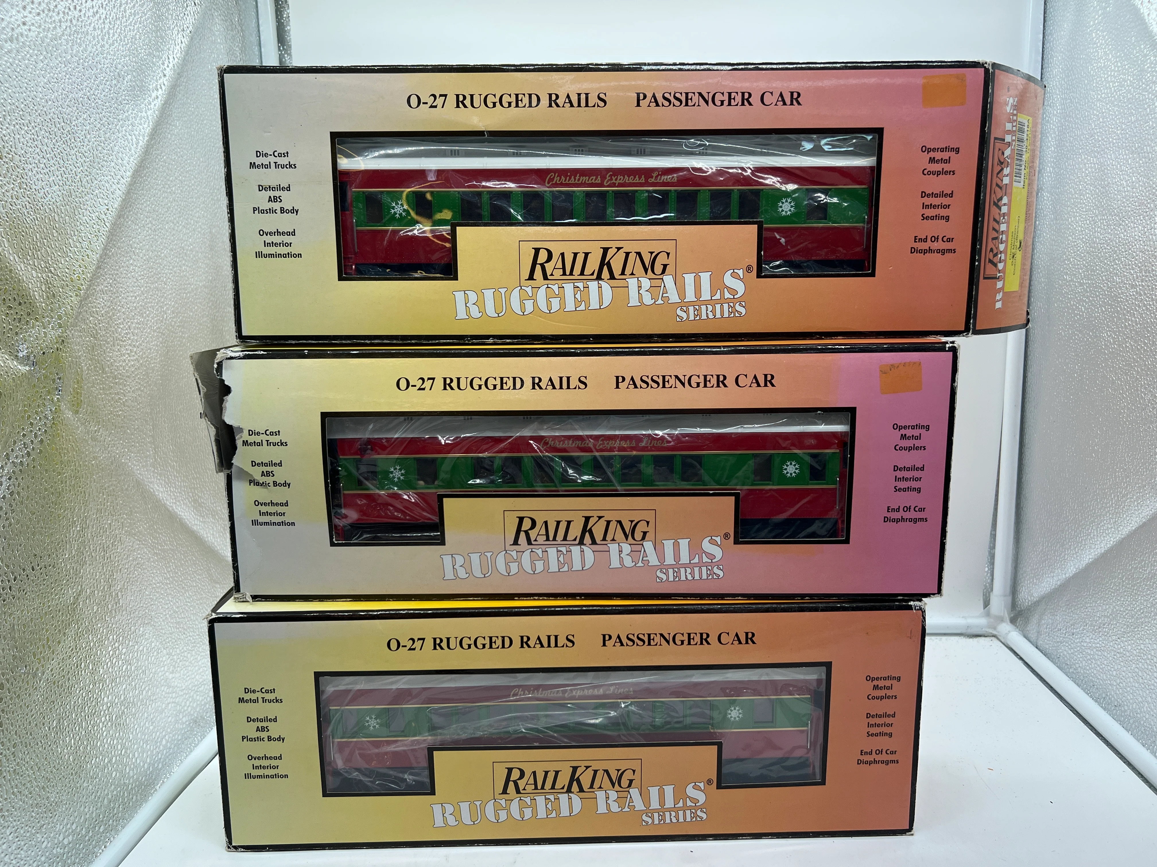 MTH 30-4218A, 30-4218B, 30-4218C Railking (Set of 3) O-27 Christmas Express Lines Passenger Car Set O Scale NEW Damaged Box - Image 10