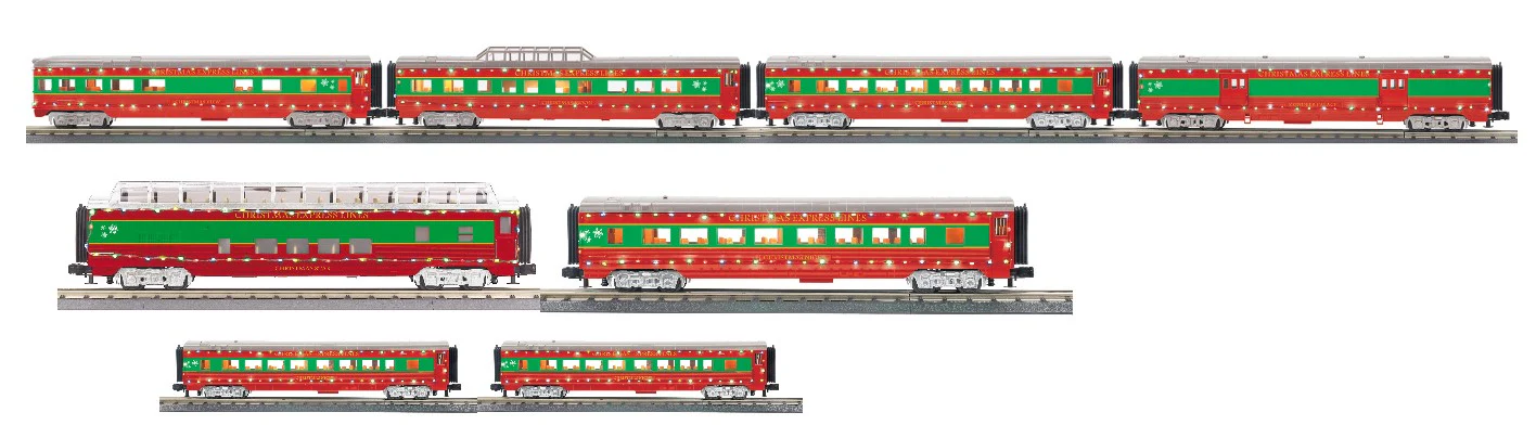 MTH 30-68266 Christmas Streamlined 4 Car Passenger Set w/ LED Lights, 30-68268 Streamlined 2 Car Set, 30-68269 Coach Car, 30-68270 Christmas Streamlined Vista Dome w/LED Lights Limited O Scale NEW
