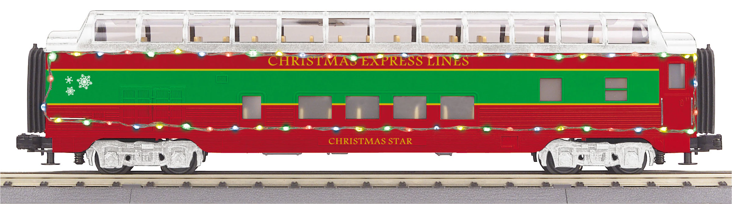 MTH 30-68266 Christmas Streamlined 4 Car Passenger Set w/ LED Lights, 30-68268 Streamlined 2 Car Set, 30-68269 Coach Car, 30-68270 Christmas Streamlined Vista Dome w/LED Lights Limited O Scale NEW - Image 4