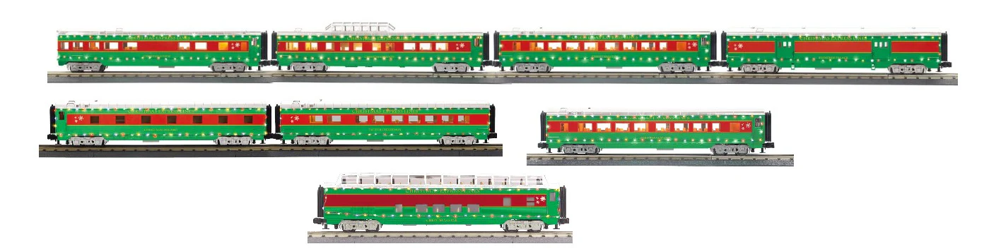 MTH 30-68286 Christmas 4-Car 60 Streamlined Passenger Set w/LED Lights, 30-68287 Sleeper / Diner, 30-68288 Coach, 30-68289 Full Length Vista Dome (Set of 4) Limited O Scale NEW