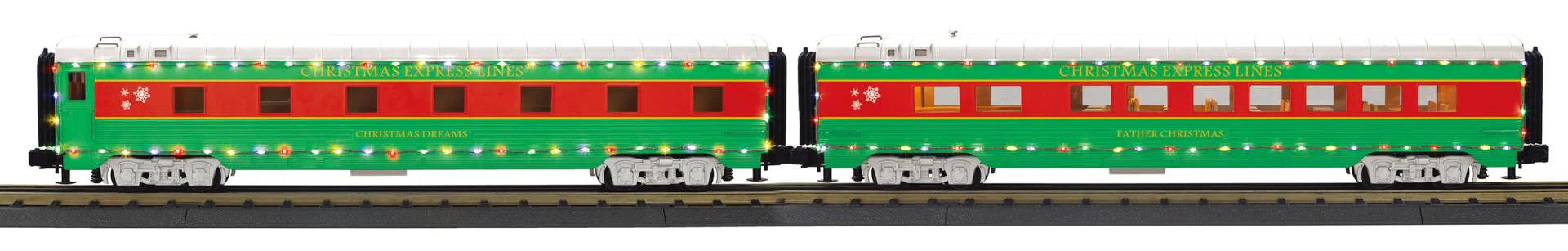 MTH 30-68286 Christmas 4-Car 60 Streamlined Passenger Set w/LED Lights, 30-68287 Sleeper / Diner, 30-68288 Coach, 30-68289 Full Length Vista Dome (Set of 4) Limited O Scale NEW - Image 3