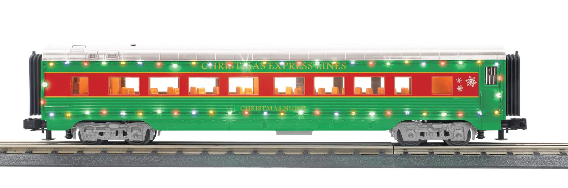 MTH 30-68286 Christmas 4-Car 60 Streamlined Passenger Set w/LED Lights, 30-68287 Sleeper / Diner, 30-68288 Coach, 30-68289 Full Length Vista Dome (Set of 4) Limited O Scale NEW - Image 4