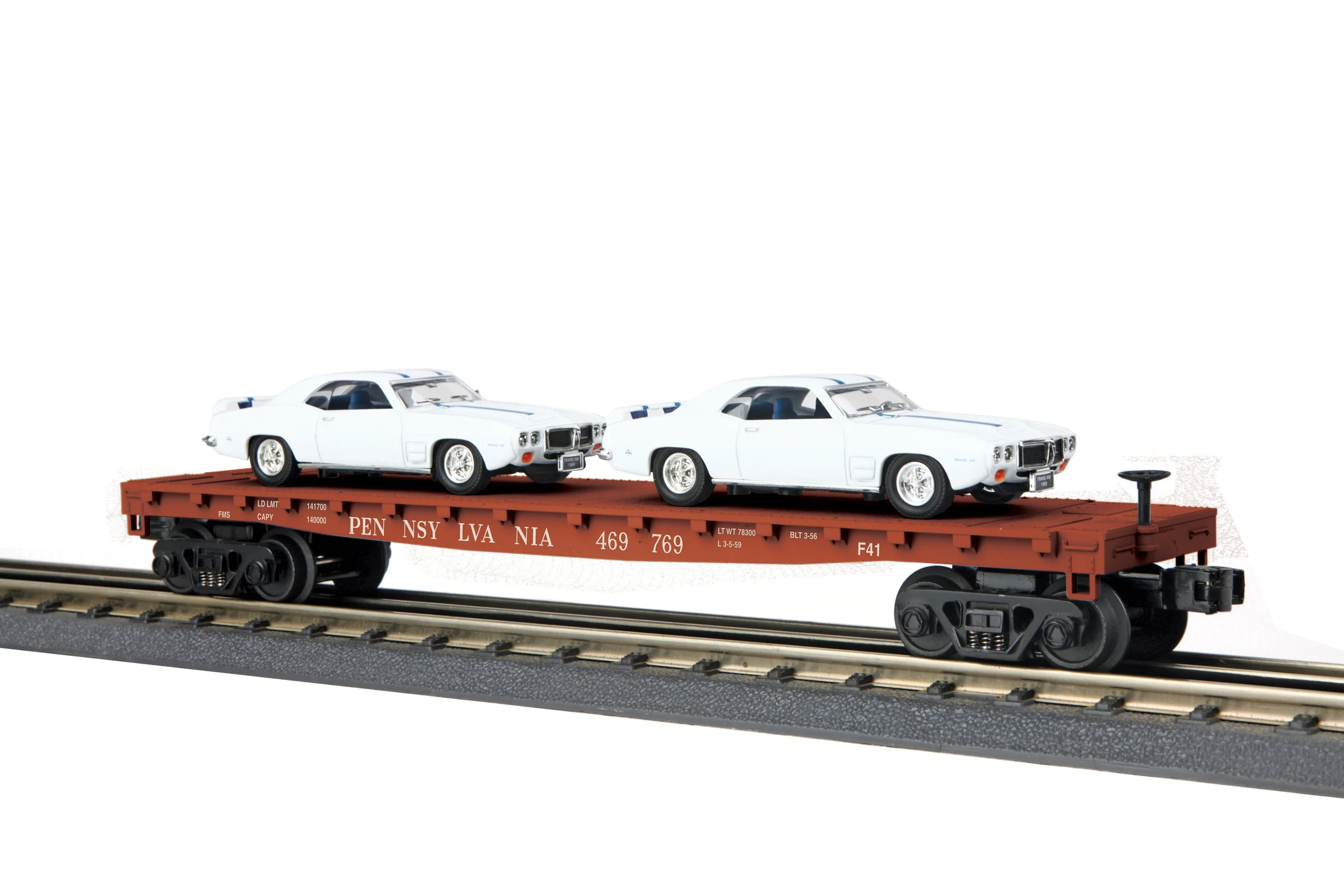MTH Railking 30-76724 Pennsylvania Flat Car w/(2) '69 Pontiac Firebird - Car No. 469769. O SCALE NEW - Image 3