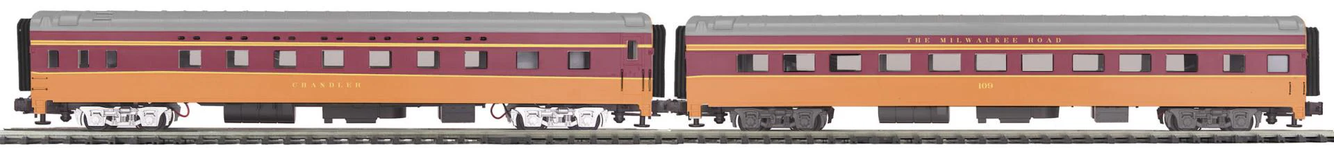 MTH Premier 20-66019 Milwaukee Road 2-Car 70' ABS Slpr/Diner Passenger Set in Smooth - Mil. Road Diner #109, Chandler O Scale Like New Damaged Box