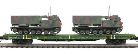 MTH Premier 20-92280C U.S. Army 60' Flat Car w/(2) M270 Rocket Launcher Vehicles #40214 O SCALE  NEW