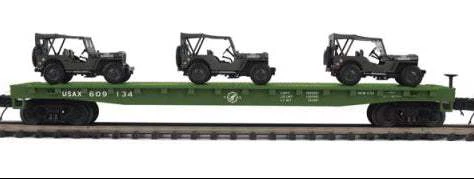 MTH Premier 20-92355C U.S. Army Flat Car #609134 w(3) Willys Transport Vehicles O SCALE NEW - Image 2