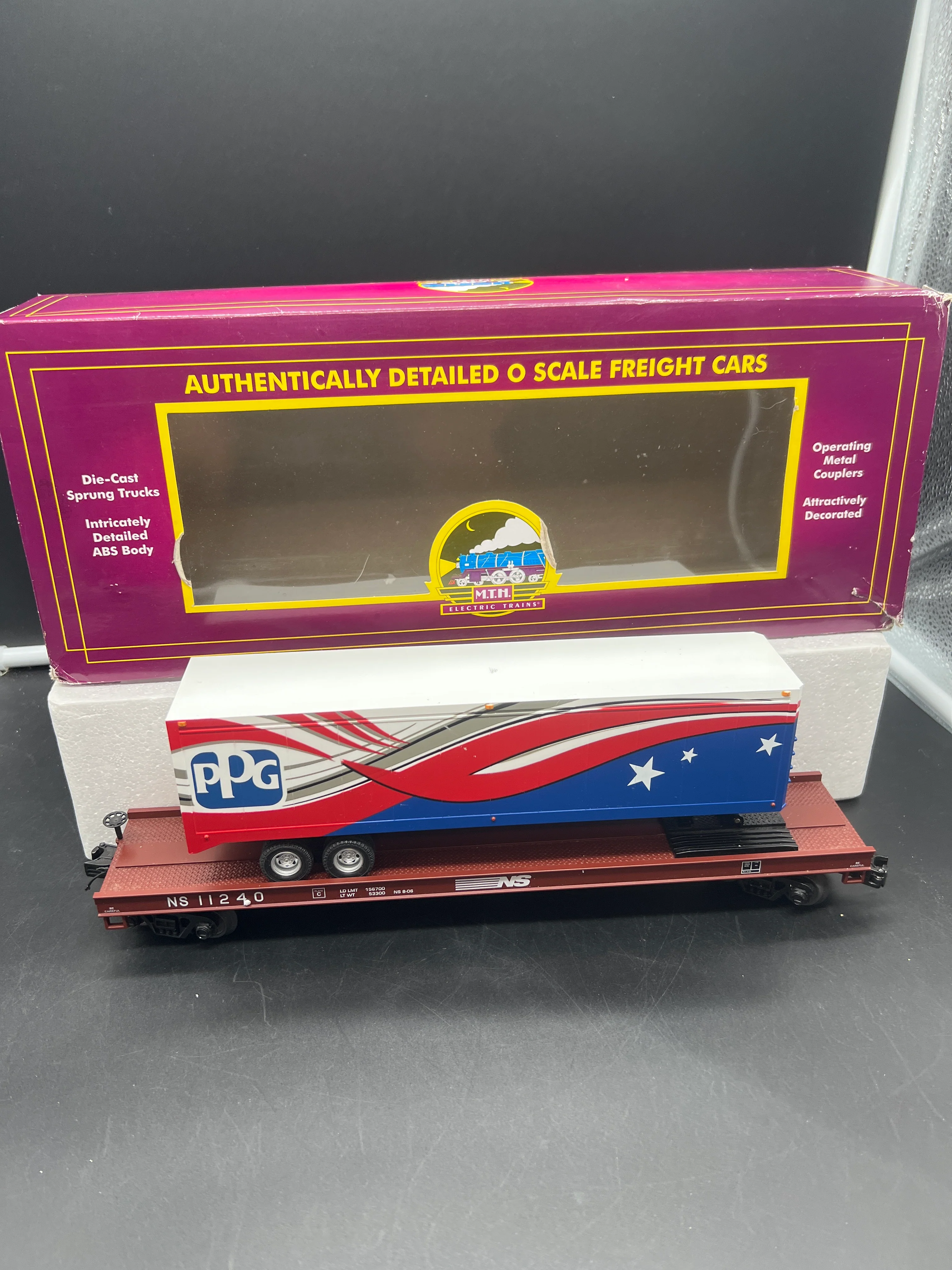 MTH Premier 20-95274 Norfolk Southern Flat Car w/ 40 Trailer - (PPG Trailer on Tuscan Flat Car - TCA 2017 Convention) O SCALE Used Excellent - Image 2