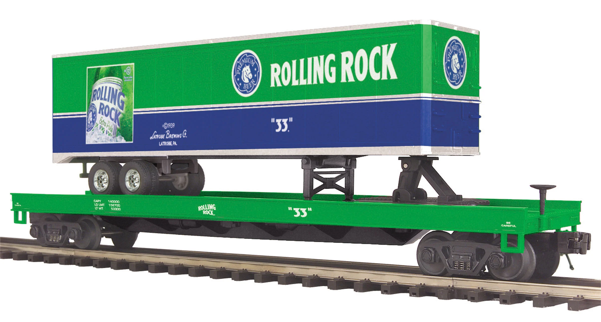 MTH Premier 20-98630 Rolling Rock Flat car with 48' Trailer o scale new