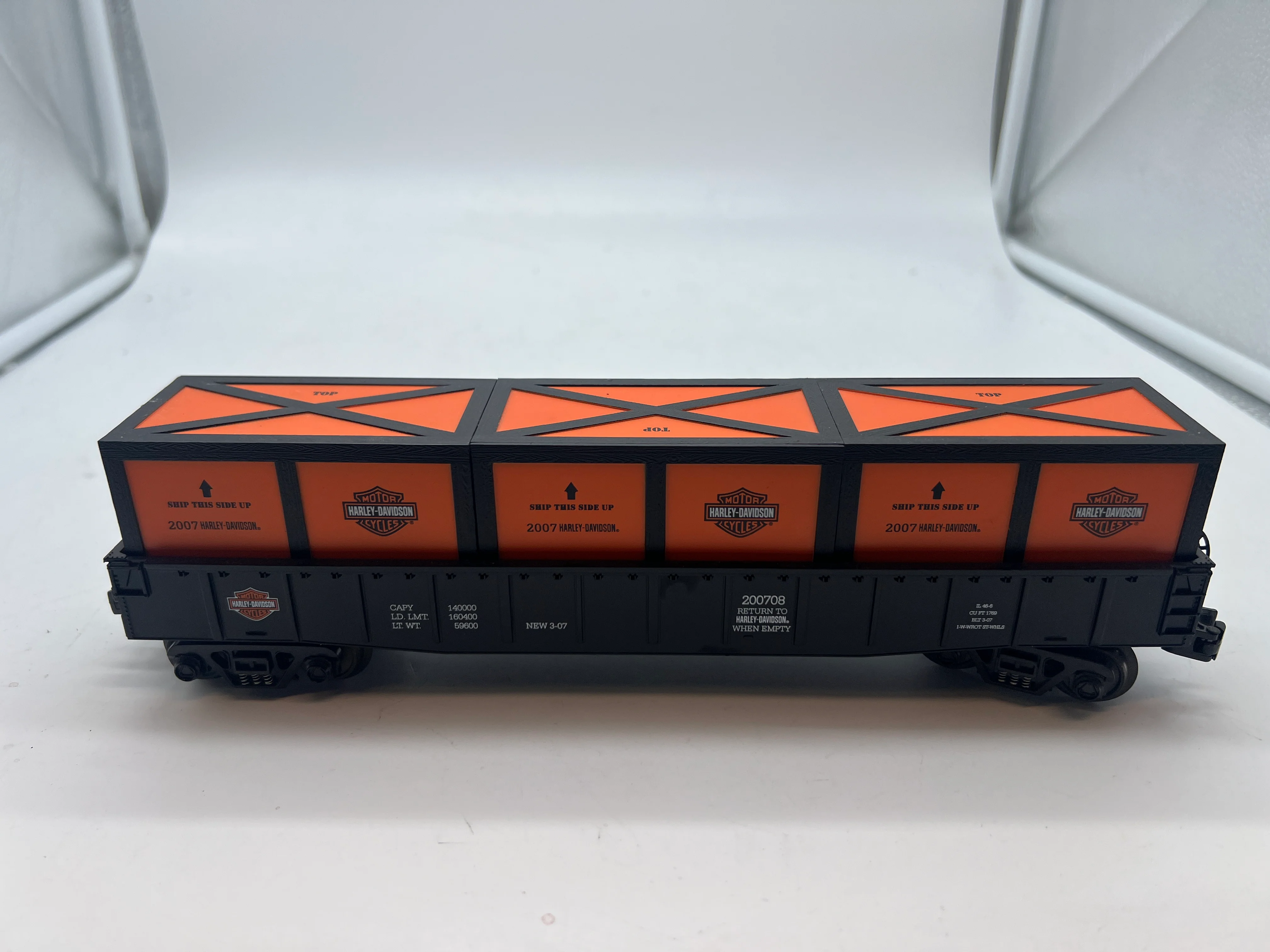 MTH Railking 30-72001 Harley-Davidson RailKing Gondola Car w/Crates O SCALE Used Excellent No Box - Image 2