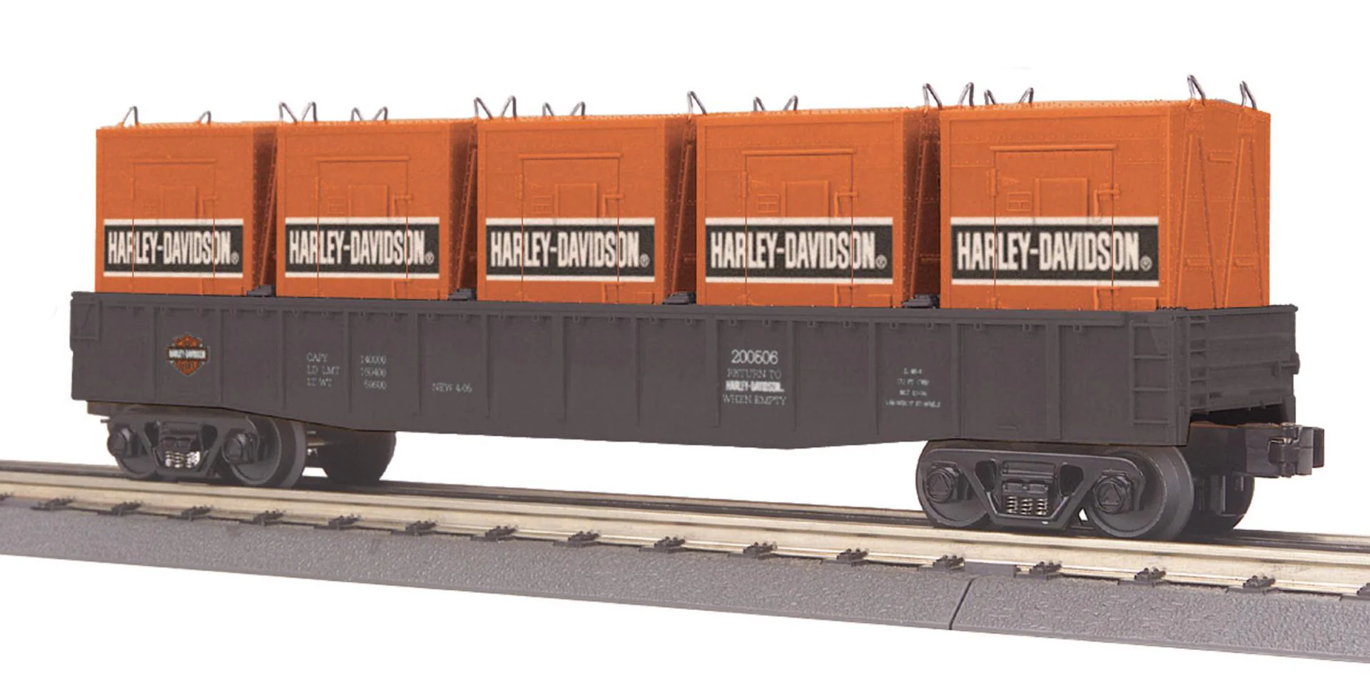 MTH Railking 30-7275 Harley-Davidson Gondola Car w/LCL Containers (5) - Harley-Davidson limited. O SCALE NEW