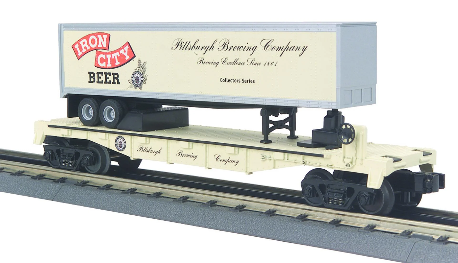 MTH Railking 30-76092 Pittsburgh Brewing Company Iron CIty Beer RailKing Flat Car w/40' Trailer O SCALE NEW