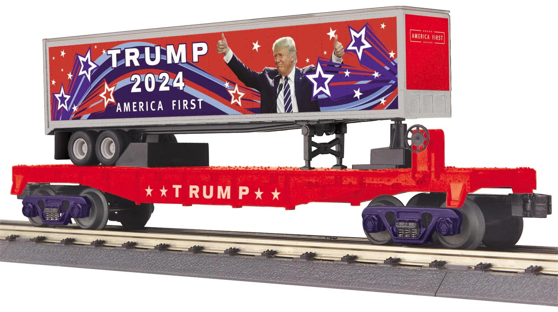 MTH Railking 30-76850 Donald J. Trump RailKing Flat Car w/40 Trailer O SCALE Like New