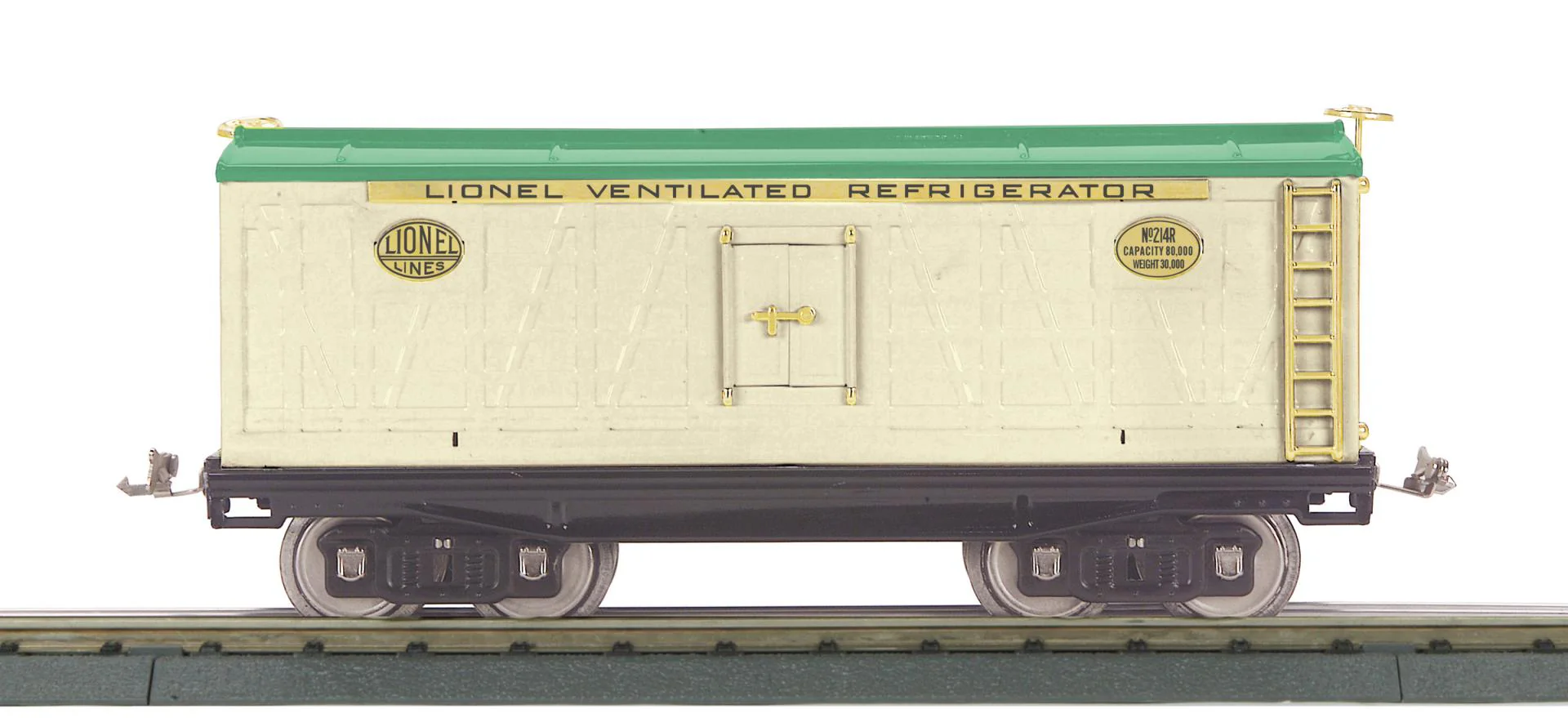 MTH Tinplate 11-30241 Lionel Corporation Tinplate No. 214R Std. Gauge Refrigerator Car Ivory & Peacock w/Brass Trim Std. Gauge new