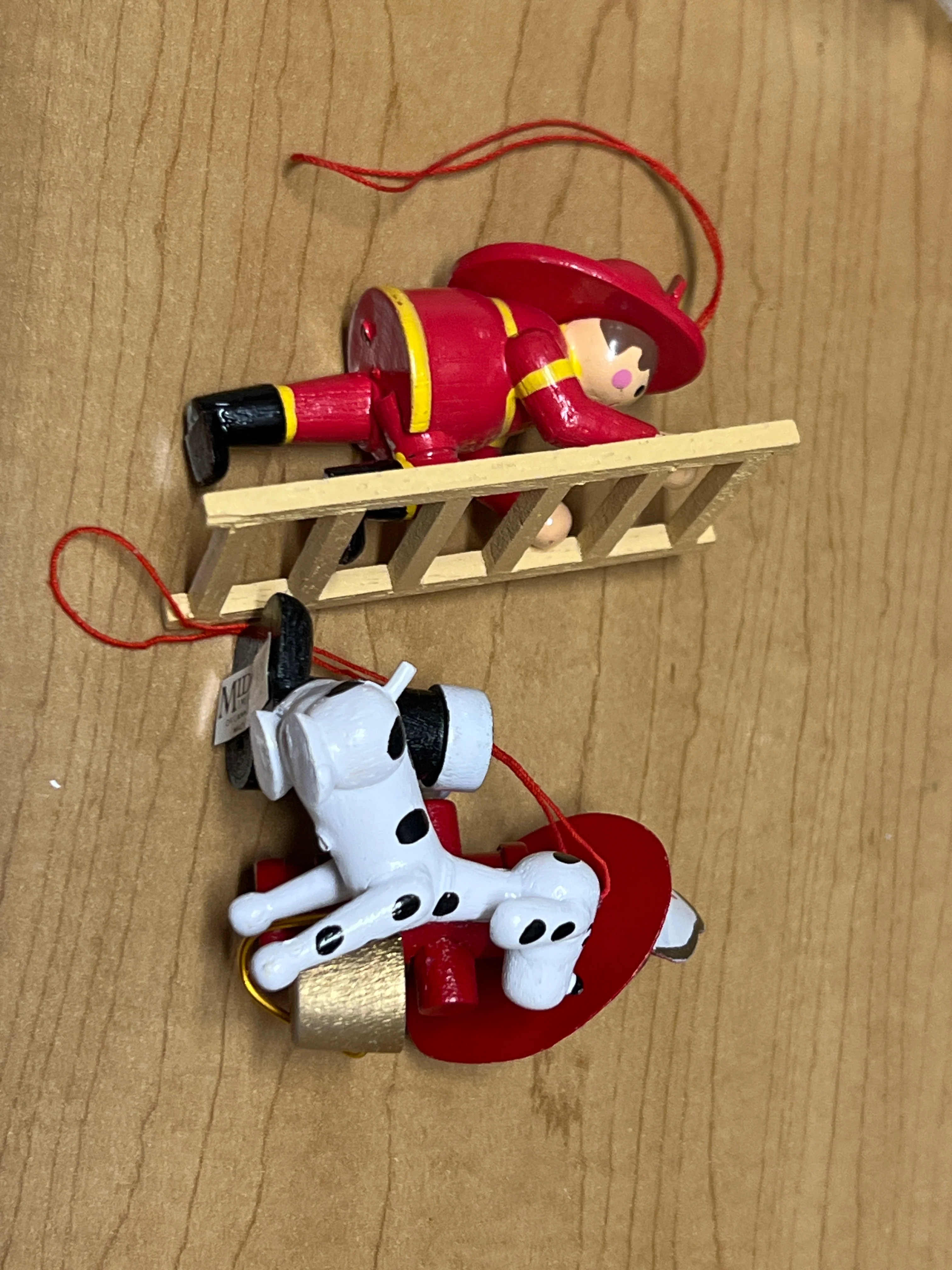 Set of Two Wooden Fire Fighter Ornaments Used Excellent No Box